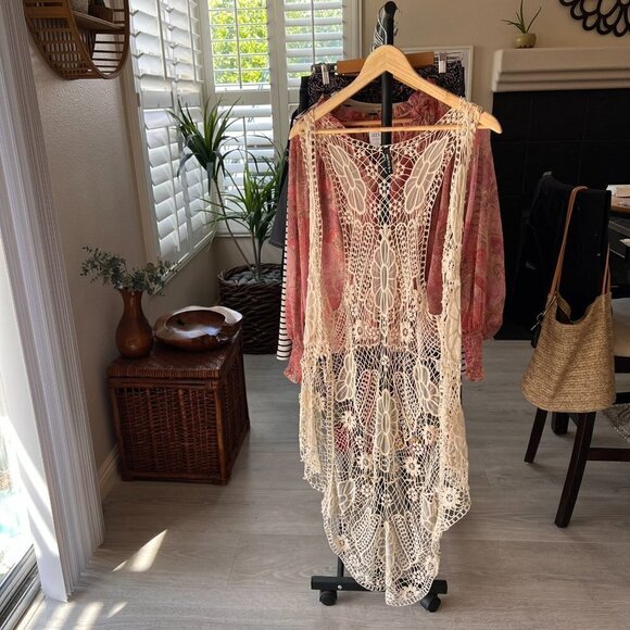 Fulltilt Cardigan Kimono Size Small Bohemian Longline Floral Embroidery Mesh - Picture 15 of 15